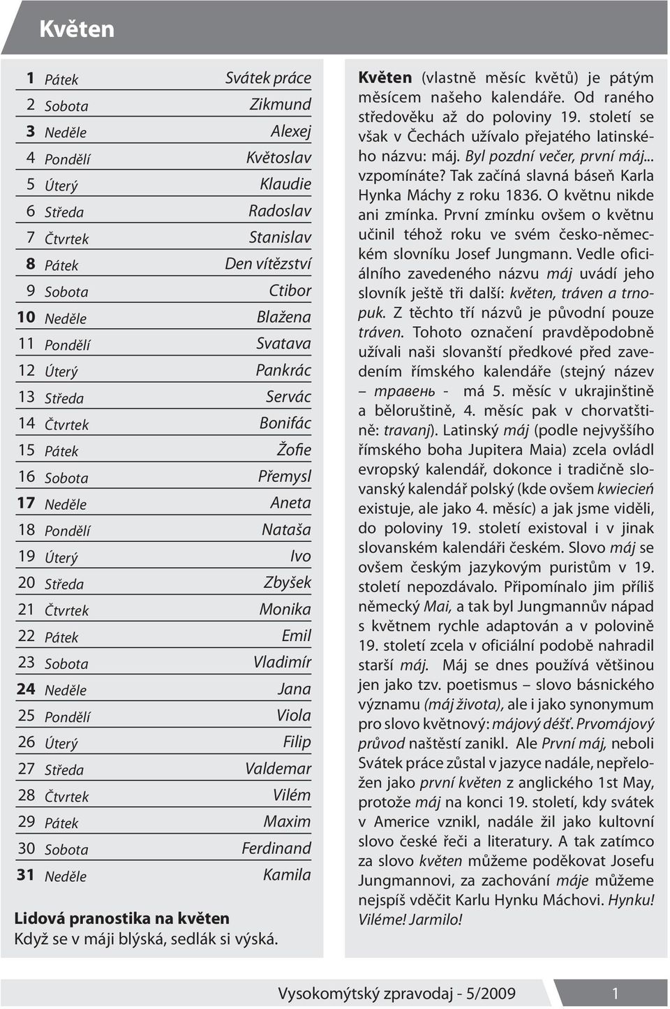 Blažena Svatava Pankrác Servác Bonifác Žofie Přemysl Aneta Nataša Ivo Zbyšek Monika Emil Vladimír Jana Viola Filip Valdemar Vilém Maxim Ferdinand Kamila Lidová pranostika na květen Když se v máji