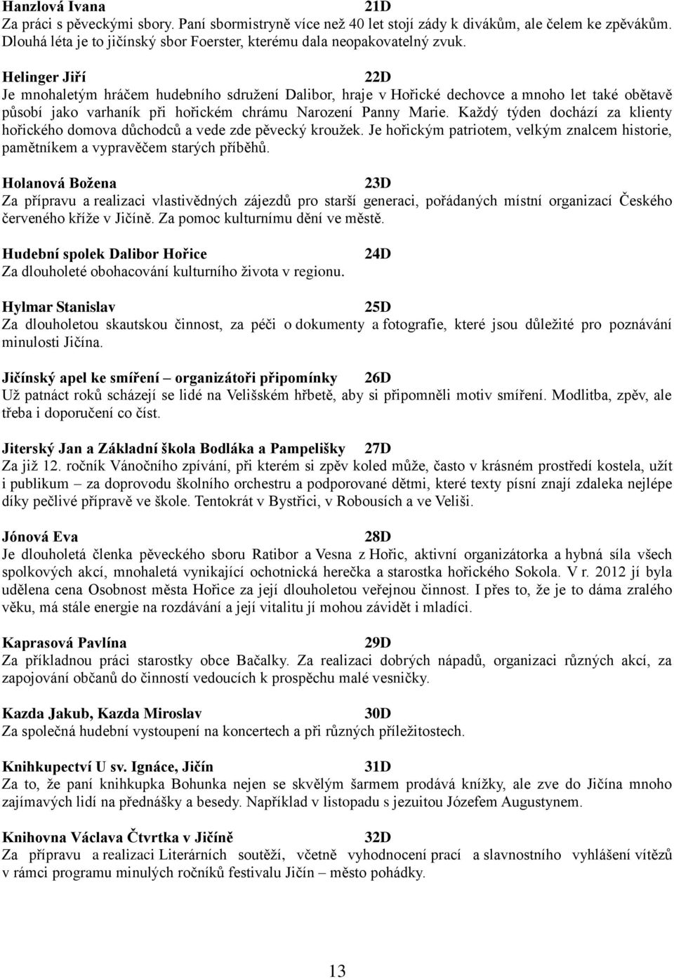 Helinger Jiří 22D Je mnohaletým hráčem hudebního sdružení Dalibor, hraje v Hořické dechovce a mnoho let také obětavě působí jako varhaník při hořickém chrámu Narození Panny Marie.