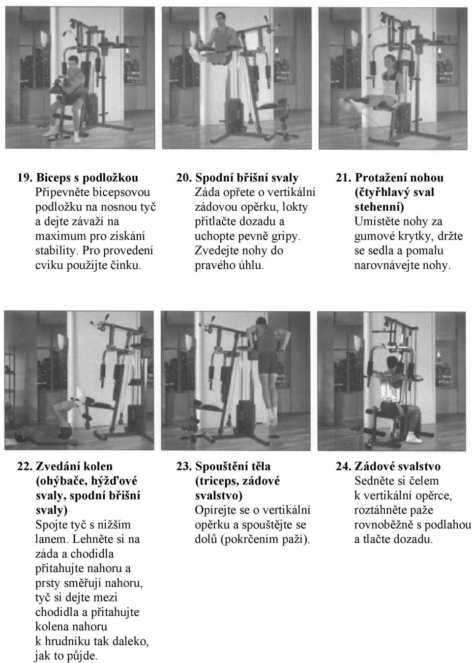 Protažení nohou (čtyřhlavý sval stehenní) Umístěte nohy za gumové krytky, držte se sedla a pomalu narovnávejte nohy. 22.