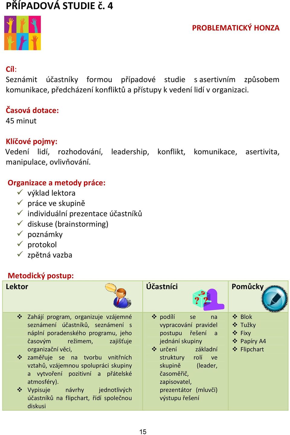 Organizace a metody práce: výklad lektora práce ve skupině individuální prezentace účastníků diskuse (brainstorming) poznámky protokol zpětná vazba Metodický postup: Lektor Účastníci Pomůcky Zahájí