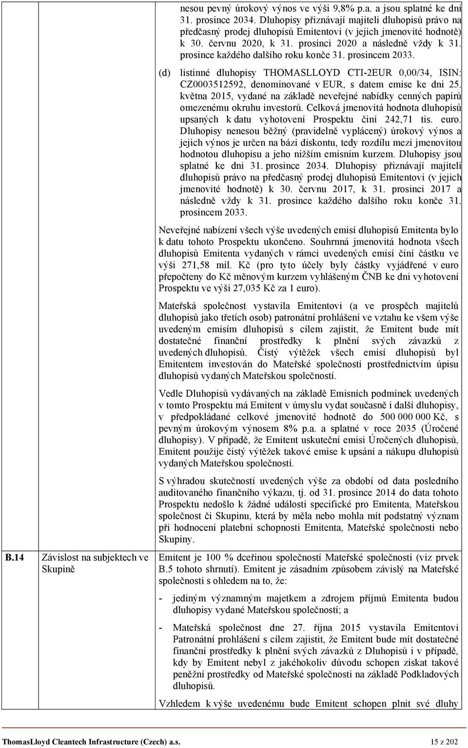 prosince každého dalšího roku konče 31. prosincem 2033. (d) listinné dluhopisy THOMASLLOYD CTI-2EUR 0,00/34, ISIN: CZ0003512592, denominované v EUR, s datem emise ke dni 25.