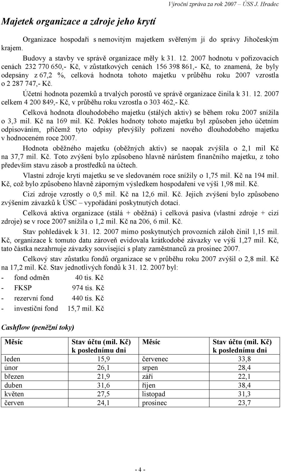 747,- Kč. Účetní hodnota pozemků a trvalých porostů ve správě organizace činila k 31. 12. 2007 celkem 4 200 849,- Kč, v průběhu roku vzrostla o 303 462,- Kč.