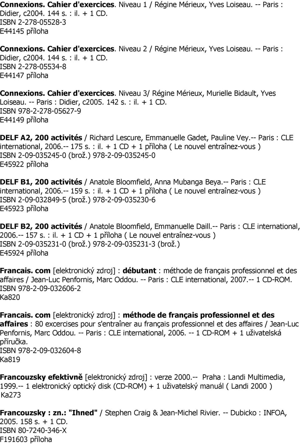 142 s. : il. + 1 CD. ISBN 978-2-278-05627-9 E44149 příloha DELF A2, 200 activités / Richard Lescure, Emmanuelle Gadet, Pauline Vey.-- Paris : CLE international, 2006.-- 175 s. : il. + 1 CD + 1 příloha ( Le nouvel entraînez-vous ) ISBN 2-09-035245-0 (brož.
