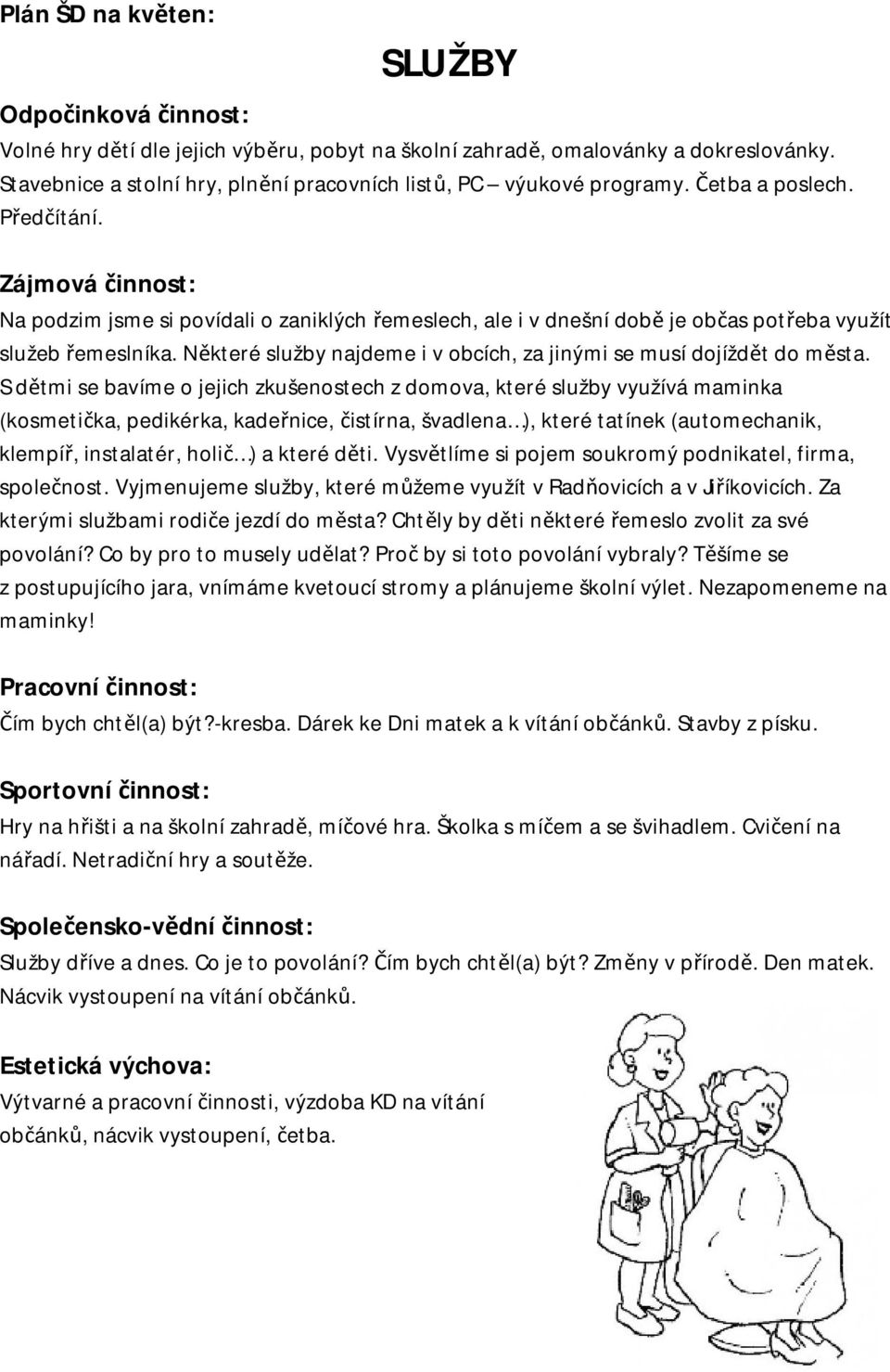 S dětmi se bavíme o jejich zkušenostech z domova, které služby využívá maminka (kosmetička, pedikérka, kadeřnice, čistírna, švadlena ), které tatínek (automechanik, klempíř, instalatér, holič ) a