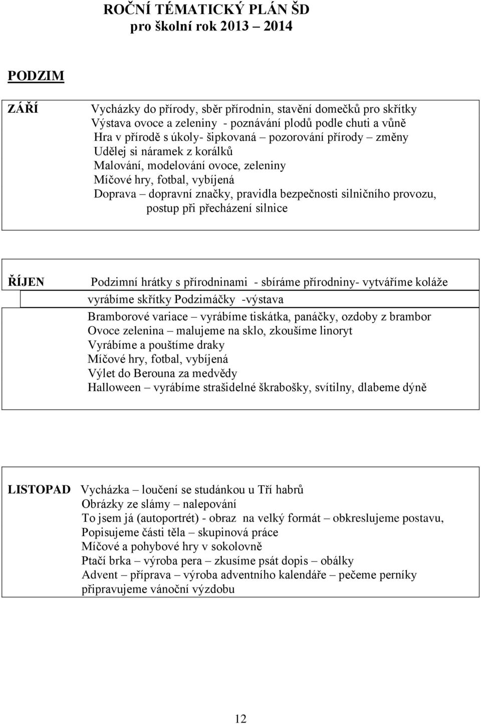 silničního provozu, postup při přecházení silnice ŘÍJEN Podzimní hrátky s přírodninami - sbíráme přírodniny- vytváříme koláže vyrábíme skřítky Podzimáčky -výstava Bramborové variace vyrábíme