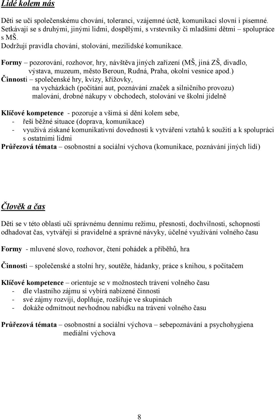 Formy pozorování, rozhovor, hry, návštěva jiných zařízení (MŠ, jiná ZŠ, divadlo, výstava, muzeum, město Beroun, Rudná, Praha, okolní vesnice apod.