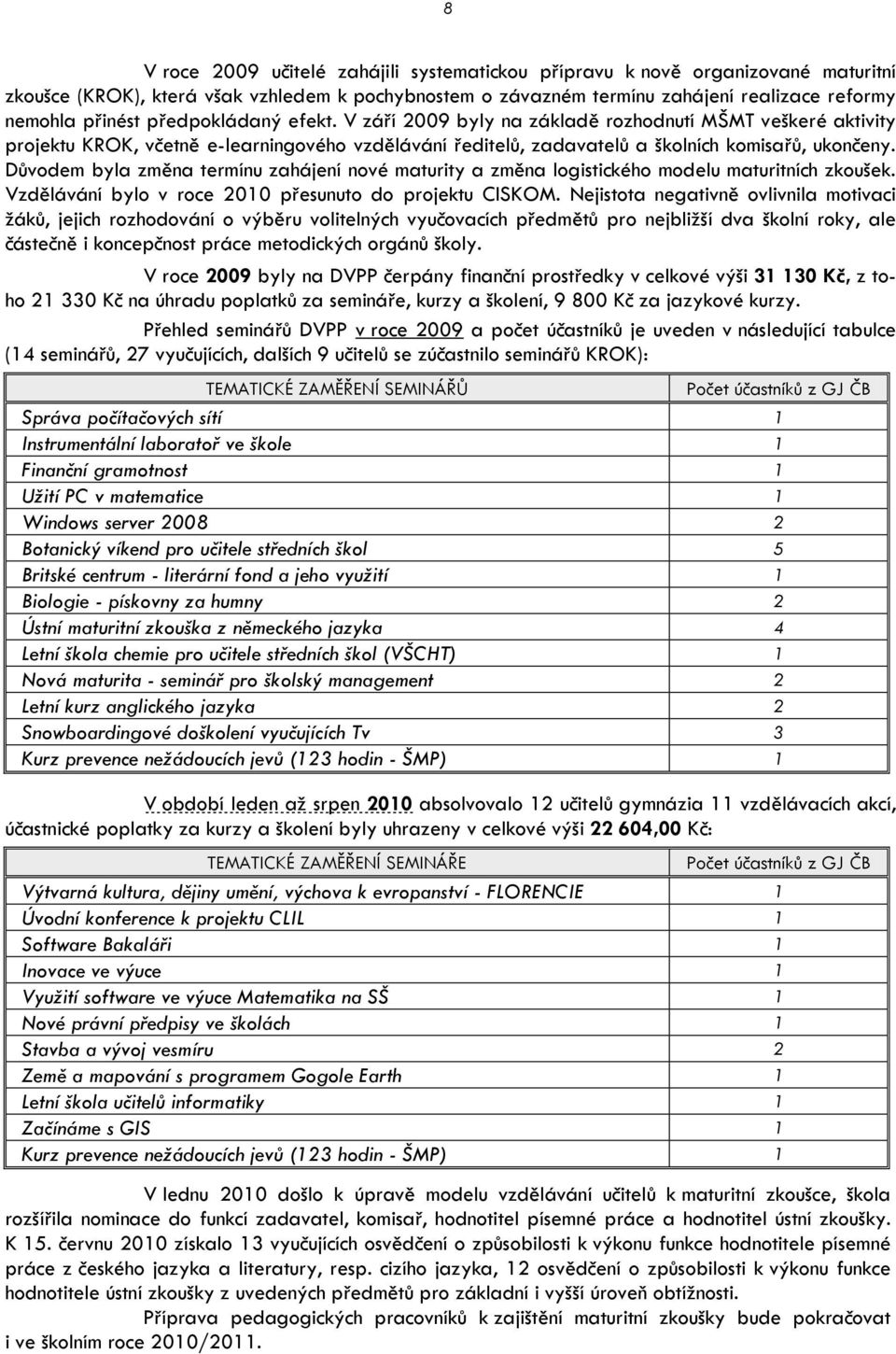 Důvodem byla změna termínu zahájení nové maturity a změna logistického modelu maturitních zkoušek. Vzdělávání bylo v roce 2010 přesunuto do projektu CISKOM.