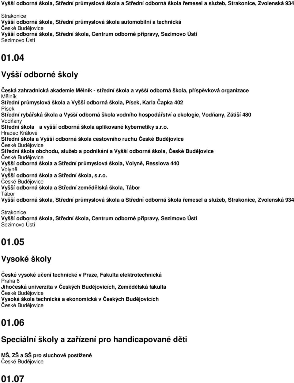 04 Vyšší odborné školy Česká zahradnická akademie Mělník - střední škola a vyšší odborná škola, příspěvková organizace Mělník Střední průmyslová škola a Vyšší odborná škola,, Karla Čapka 402 Střední