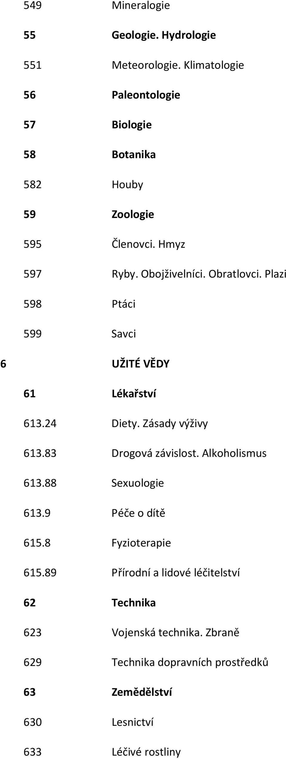 Plazi 598 Ptáci 599 Savci 6 UŽITÉ VĚDY 61 Lékařství 613.24 Diety. Zásady výživy 613.83 Drogová závislost. Alkoholismus 613.