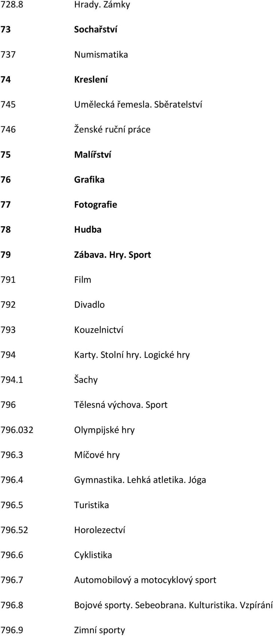 Sport 791 Film 792 Divadlo 793 Kouzelnictví 794 Karty. Stolní hry. Logické hry 794.1 Šachy 796 Tělesná výchova. Sport 796.