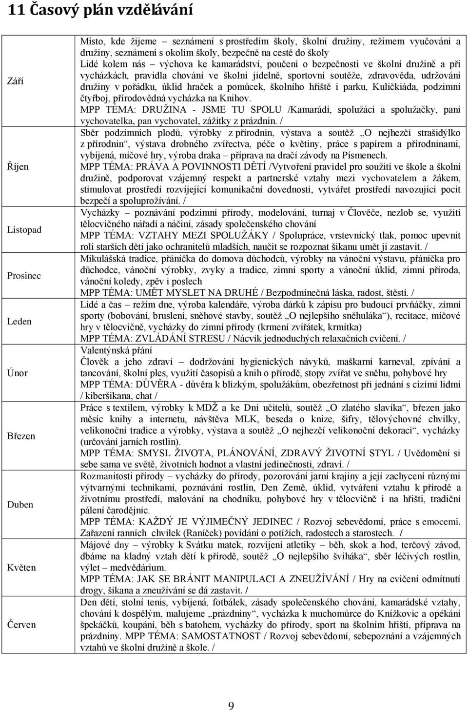 zdravověda, udržování družiny v pořádku, úklid hraček a pomůcek, školního hřiště i parku, Kuličkiáda, podzimní čtyřboj, přírodovědná vycházka na Knihov.