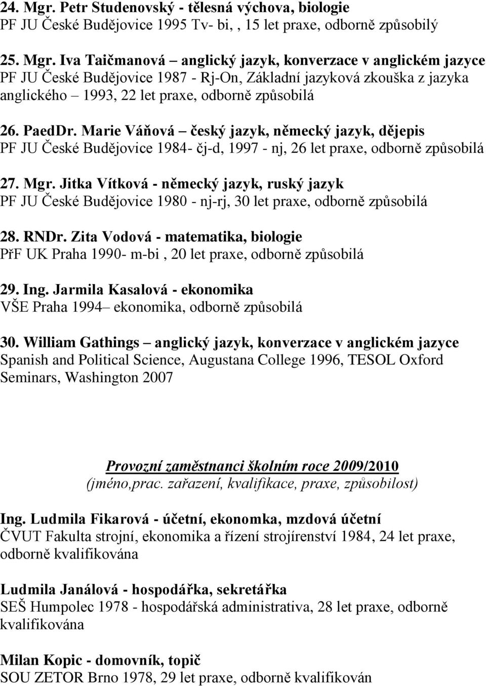 Jitka Vítková - německý jazyk, ruský jazyk PF JU České Budějovice 1980 - nj-rj, 30 let praxe, odborně způsobilá 28. RNDr.