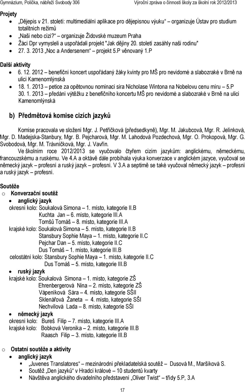 2012 benefiční koncert uspořádaný žáky kvinty pro MŠ pro nevidomé a slabozraké v Brně na ulici Kamenomlýnská 18. 1. 2013 petice za opětovnou nominaci sira Nicholase Wintona na Nobelovu cenu míru 5.