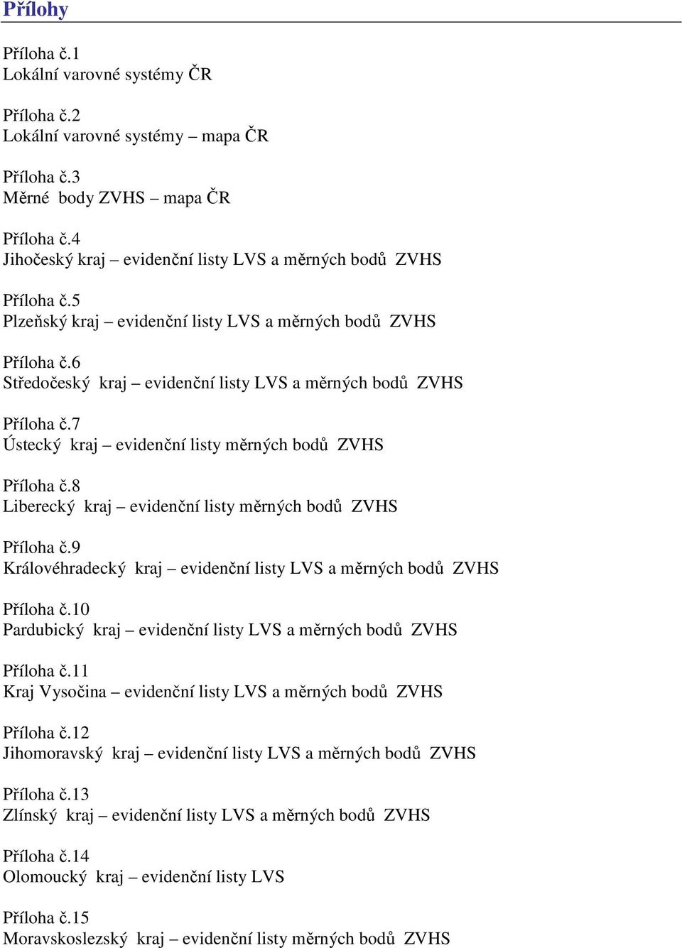 6 Středočeský kraj evidenční listy LVS a měrných bodů ZVHS Příloha č.7 Ústecký kraj evidenční listy měrných bodů ZVHS Příloha č.8 Liberecký kraj evidenční listy měrných bodů ZVHS Příloha č.