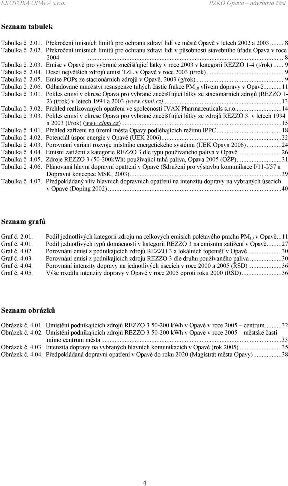 ..9 Tabulka č. 2.04. Deset největších zdrojů emisí TZL v Opavě v roce 2003 (t/rok)...9 Tabulka č. 2.05. Emise POPs ze stacionárních zdrojů v Opavě, 2003 (g/rok)...9 Tabulka č. 2.06.