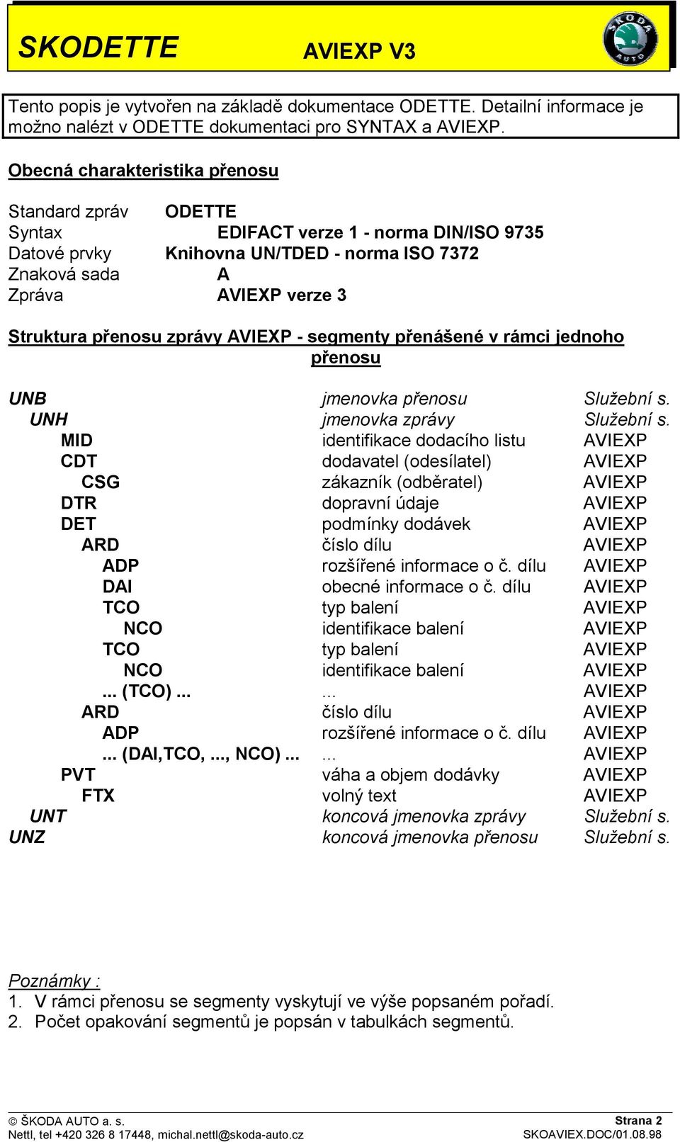 zprávy AVIEXP - segmenty přenášené v rámci jednoho přenosu UNB jmenovka přenosu Služební s. UNH jmenovka zprávy Služební s.