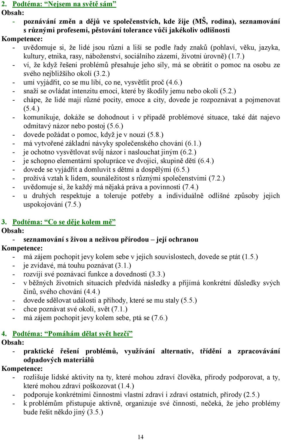 ) - ví, že když řešení problémů přesahuje jeho síly, má se obrátit o pomoc na osobu ze svého nejbližšího okolí (3.2.) - umí vyjádřit, co se mu líbí, co ne, vysvětlit proč (4.6.