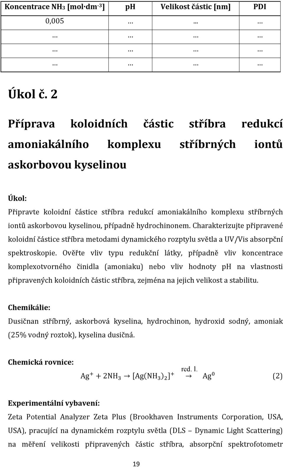 askorbovou kyselinou, případně hydrochinonem. Charakterizujte připravené koloidní částice stříbra metodami dynamického rozptylu světla a UV/Vis absorpční spektroskopie.