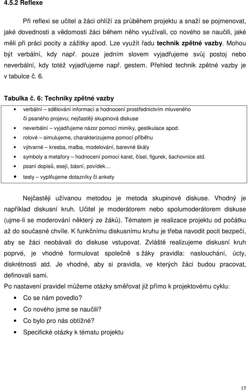 Přehled technik zpětné vazby je v tabulce č. 6. Tabulka č.