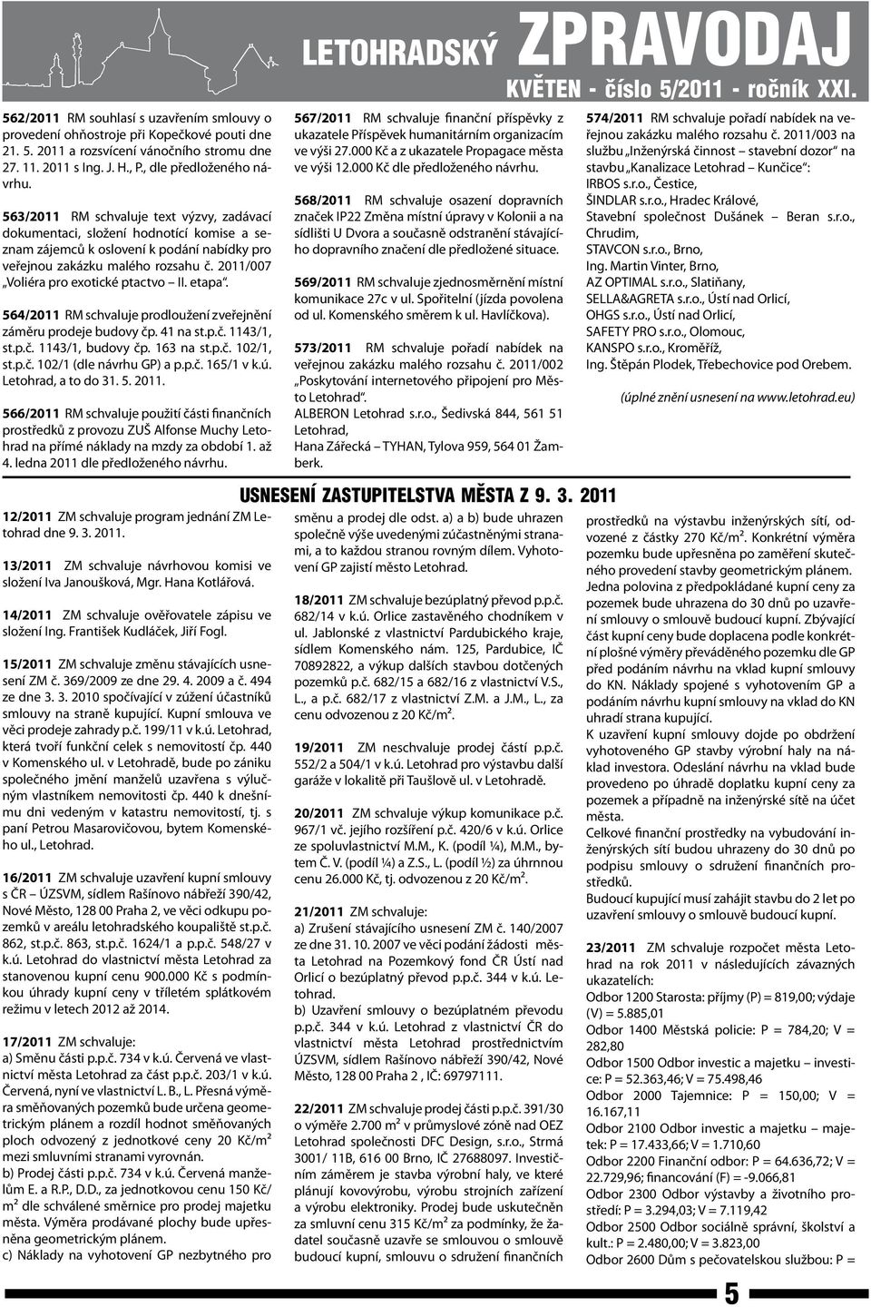 2011/007 Voliéra pro exotické ptactvo II. etapa. 564/2011 RM schvaluje prodloužení zveřejnění záměru prodeje budovy čp. 41 na st.p.č. 1143/1, st.p.č. 1143/1, budovy čp. 163 na st.p.č. 102/1, st.p.č. 102/1 (dle návrhu GP) a p.