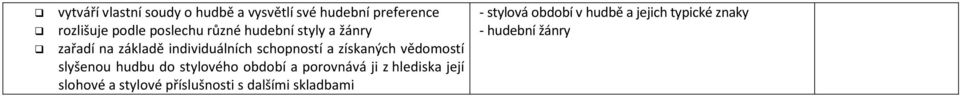 vědomostí slyšenou hudbu do stylového období a porovnává ji z hlediska její slohové a