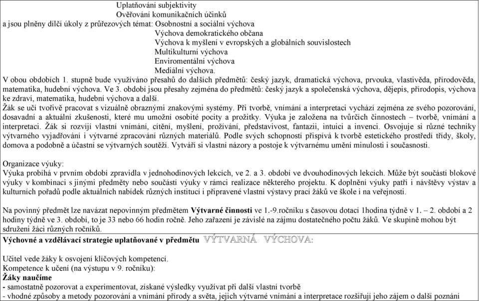 stupně bude využíváno přesahů do dalších předmětů: český jazyk, dramatická výchova, prvouka, vlastivěda, přírodověda, matematika, hudební výchova. Ve 3.