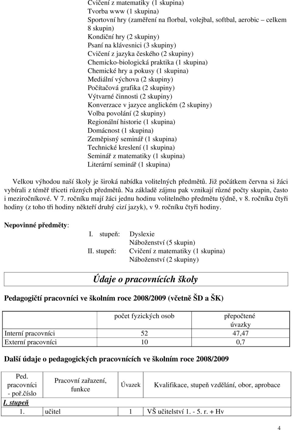 Konverzace v jazyce anglickém (2 skupiny) Volba povolání (2 skupiny) Regionální historie ( skupina) Domácnost ( skupina) Zeměpisný seminář ( skupina) Technické kreslení ( skupina) Seminář z