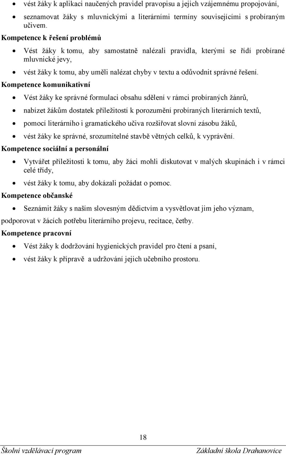 Kompetence komunikativní Vést žáky ke správné formulaci obsahu sdělení v rámci probíraných žánrů, nabízet žákům dostatek příležitostí k porozumění probíraných literárních textů, pomocí literárního i