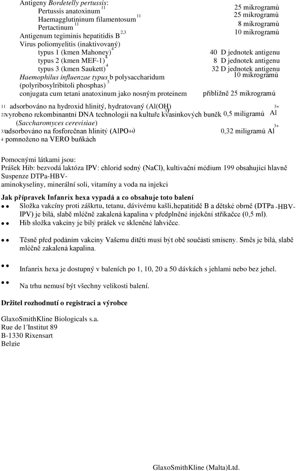 25 mikrogramů 8 mikrogramů 10 mikrogramů 40 D jednotek antigenu 8 D jednotek antigenu 32 D jednotek antigenu 10 mikrogramů přibližně 25 mikrogramů 11 adsorbováno na hydroxid hlinitý, hydratovaný