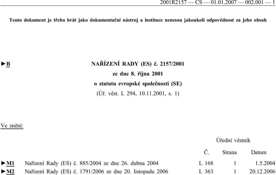 B NAŘÍZENÍ RADY (ES) č. 2157/2001 ze dne 8. října 2001 o statutu evropské společnosti (SE) (Úř. věst. L 294, 10.11.