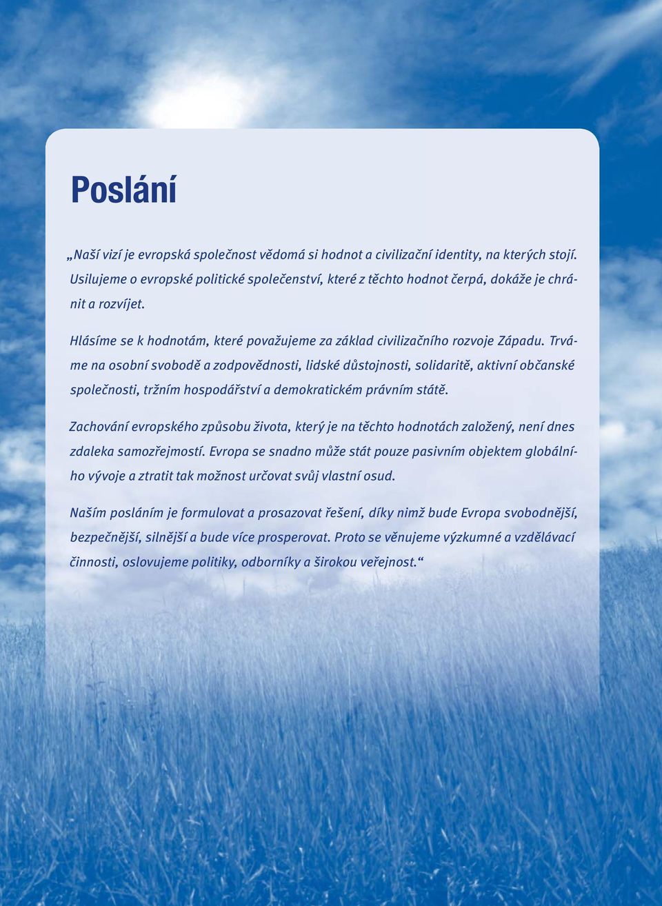 Trváme na osobní svobodě a zodpovědnosti, lidské důstojnosti, solidaritě, aktivní občanské společnosti, tržním hospodářství a demokratickém právním státě.