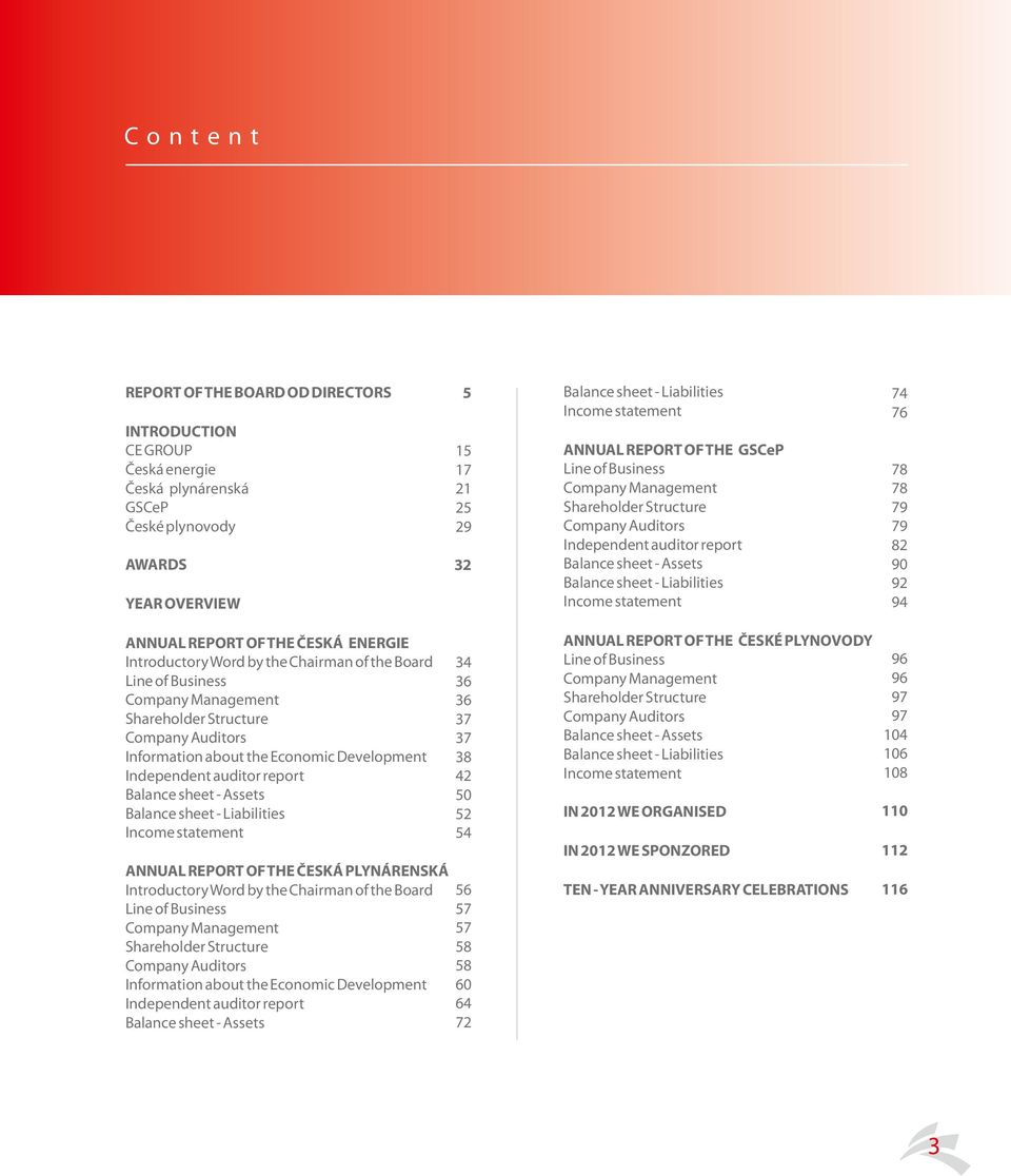 sheet - Assets Balance sheet - Liabilities Income statement ANNUAL REPORT OF THE ČESKÁ PLYNÁRENSKÁ  sheet - Assets 34 36 36 37 37 38 42 50 52 54 56 57 57 58 58 60 64 72 Balance sheet - Liabilities