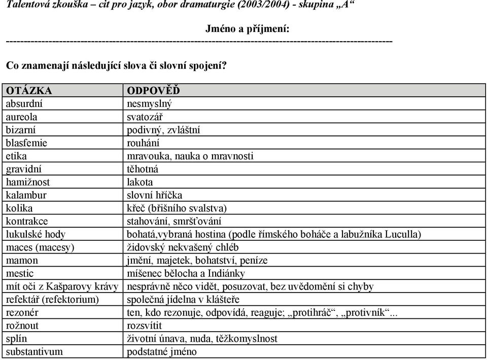 OTÁZKA ODPOVĚĎ absurdní nesmyslný aureola svatozář bizarní podivný, zvláštní blasfemie rouhání etika mravouka, nauka o mravnosti gravidní těhotná hamižnost lakota kalambur slovní hříčka kolika křeč