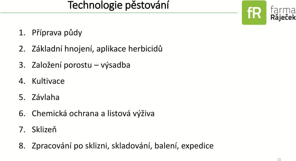 Založení porostu výsadba 4. Kultivace 5. Závlaha 6.