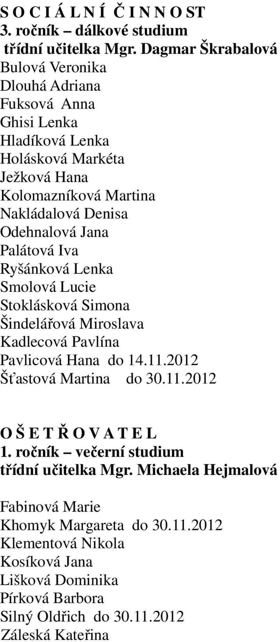 Odehnalová Jana Palátová Iva Ryšánková Lenka Smolová Lucie Stoklásková Simona Šindelářová Miroslava Kadlecová Pavlína Pavlicová Hana do 14.11.