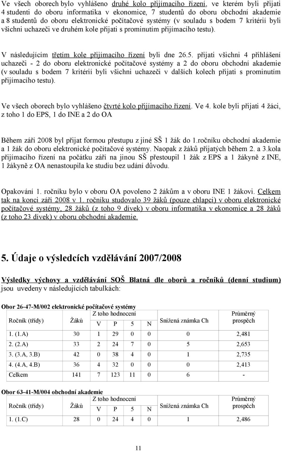 přijati všichni 4 přihlášení uchazeči - 2 do oboru elektronické počítačové systémy a 2 do oboru obchodní akademie (v souladu s bodem 7 kritérií byli všichni uchazeči v dalších kolech přijati s