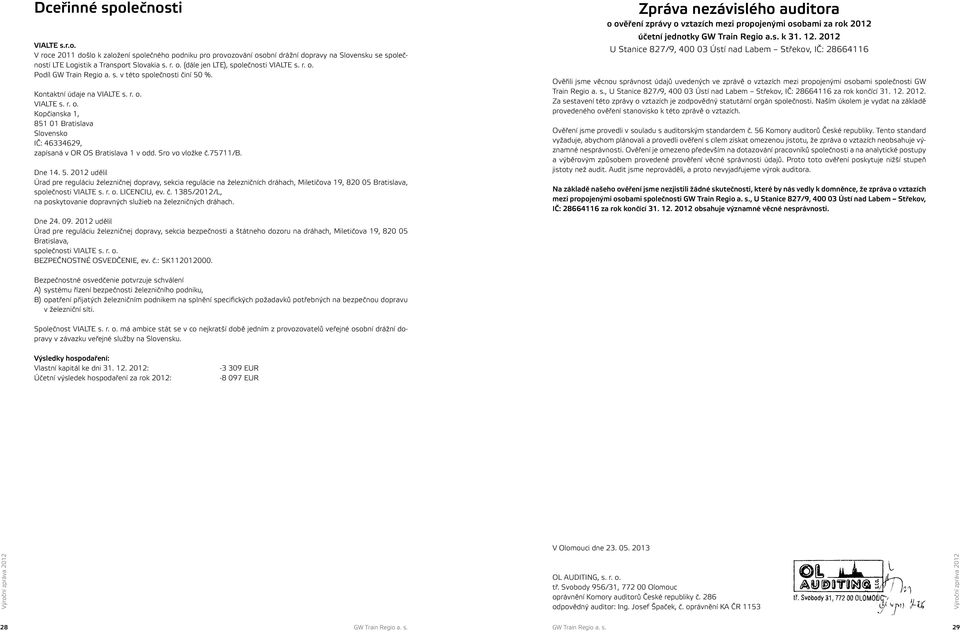 Sro vo vložke č.75711/b. Dne 14. 5. 2012 udělil Úrad pre reguláciu železničnej dopravy, sekcia regulácie na železničních dráhach, Miletičova 19, 820 05 Bratislava, společnosti VIALTE s. r. o.