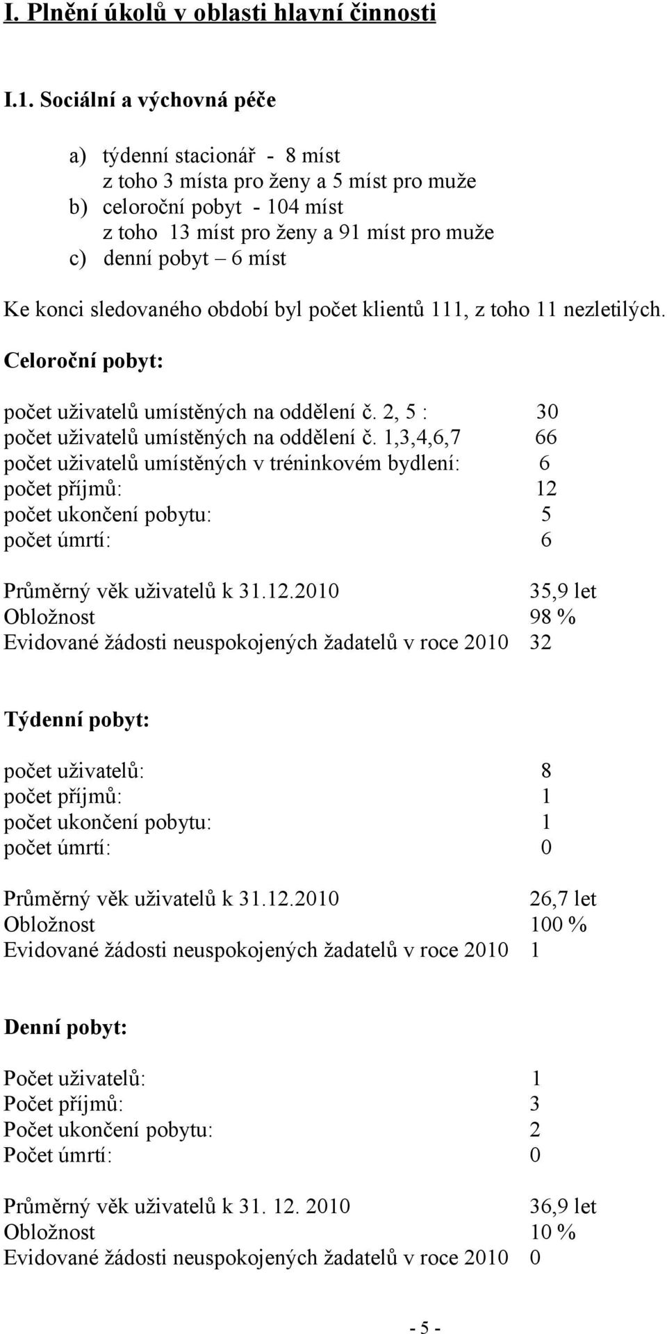 sledovaného období byl počet klientů, z toho nezletilých. Celoroční pobyt: počet uživatelů umístěných na oddělení č. 2, 5 : počet uživatelů umístěných na oddělení č.