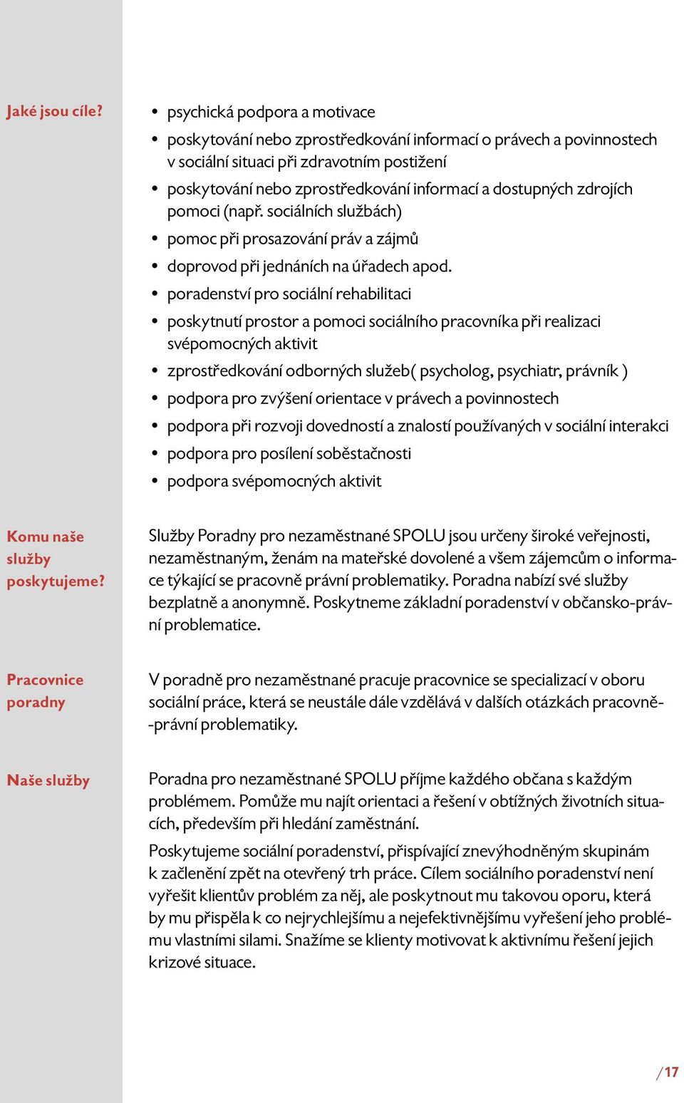 zdrojích pomoci (např. sociálních službách) pomoc při prosazování práv a zájmů doprovod při jednáních na úřadech apod.
