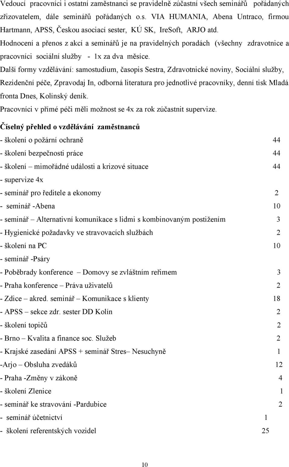 Další formy vzdělávání: samostudium, časopis Sestra, Zdravotnické noviny, Sociální služby, Rezidenční péče, Zpravodaj In, odborná literatura pro jednotlivé pracovníky, denní tisk Mladá fronta Dnes,