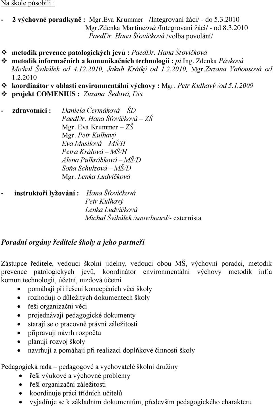 2010, Jakub Krátký od 1.2.2010, Mgr.Zuzana Vaňousová od 1.2.2010 koordinátor v oblasti environmentální výchovy : Mgr. Petr Kulhavý /od 5.1.2009 projekt COMENIUS : Zuzana Šedová, Dis.