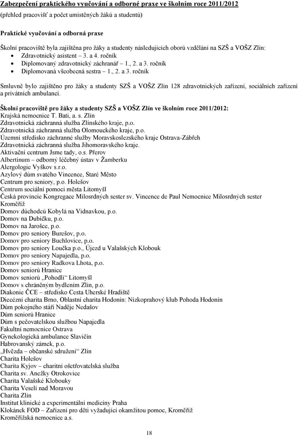 ročník Diplomovaná všeobecná sestra 1., 2. a 3. ročník Smluvně bylo zajištěno pro žáky a studenty SZŠ a VOŠZ Zlín 128 zdravotnických zařízení, sociálních zařízení a privátních ambulancí.