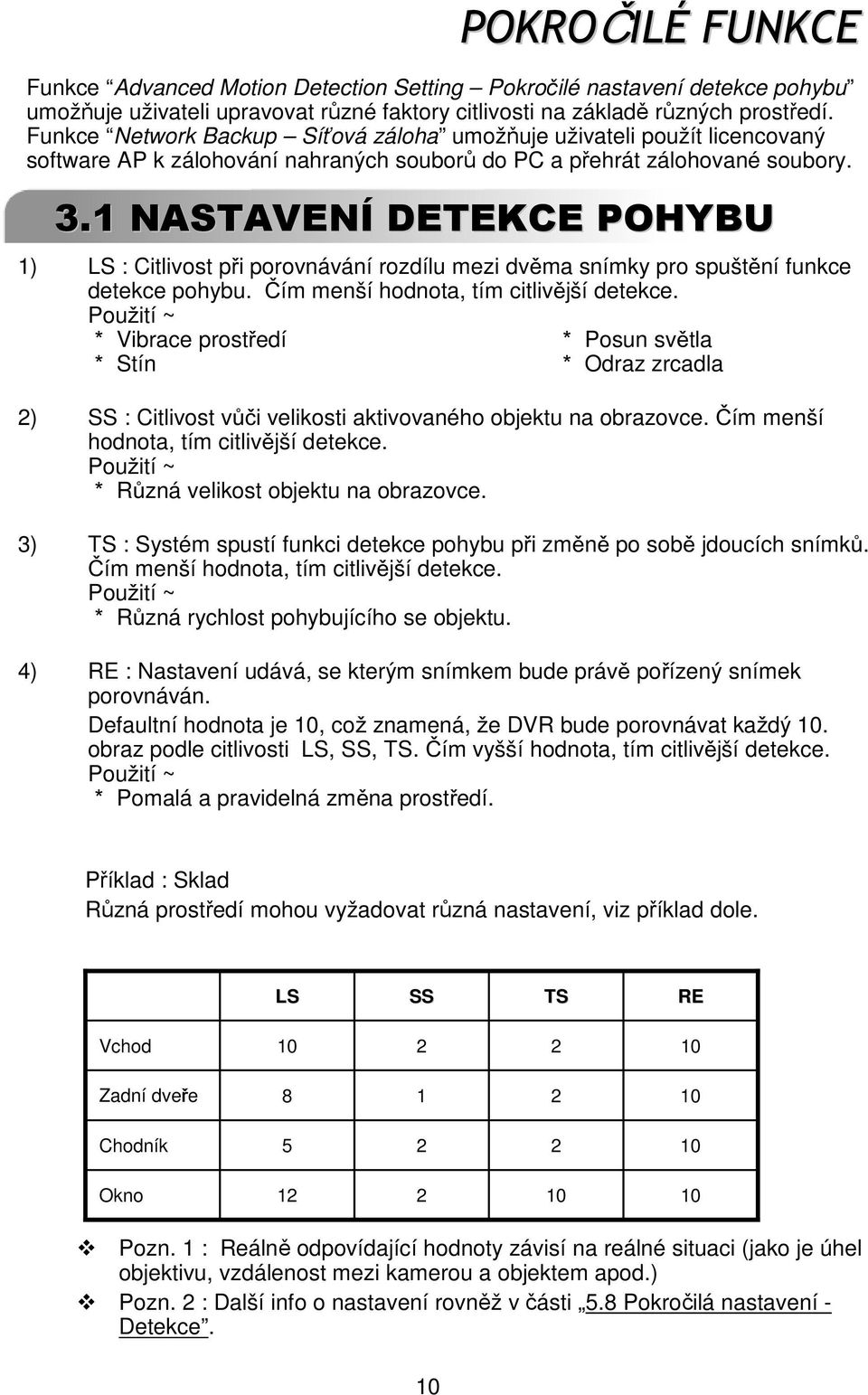 1 NASTAVENÍ DETEKCE POHYBU 1) LS : Citlivost při porovnávání rozdílu mezi dvěma snímky pro spuštění funkce detekce pohybu. Čím menší hodnota, tím citlivější detekce.