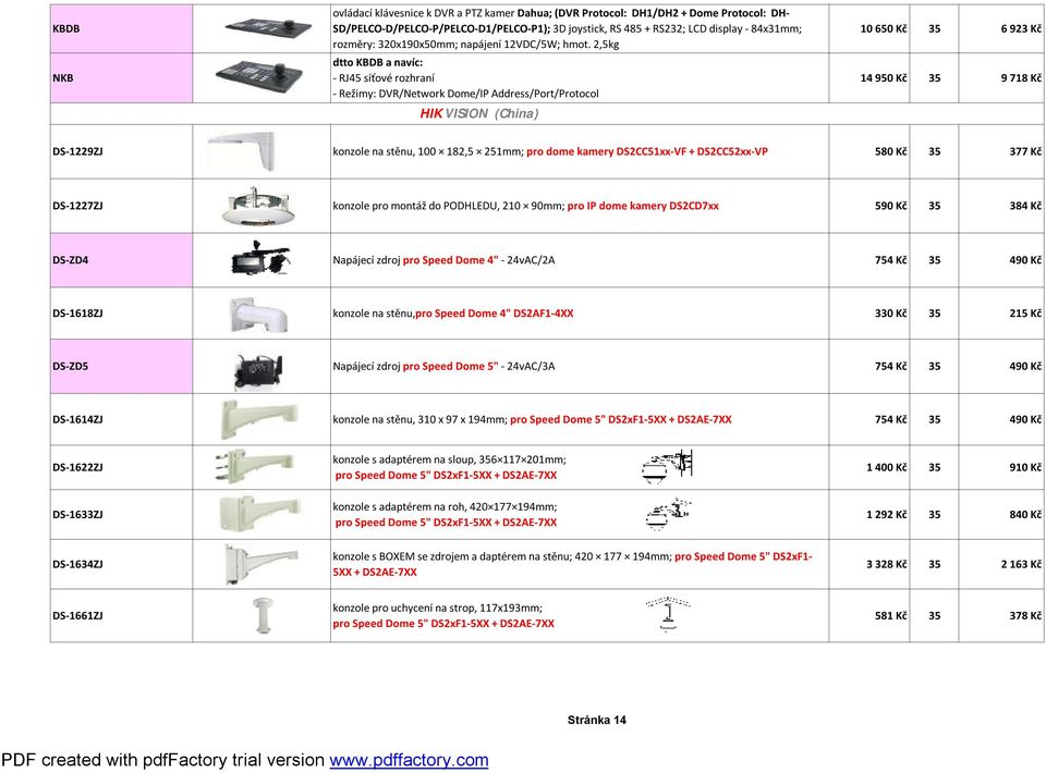2,5kg dtto KBDB a navíc: - RJ45 síťové rozhraní - Režimy: DVR/Network Dome/IP Address/Port/Protocol HIK VISION (China) 10 650 Kč 35 6 923 Kč 14 950 Kč 35 9 718 Kč DS-1229ZJ konzole na stěnu, 100