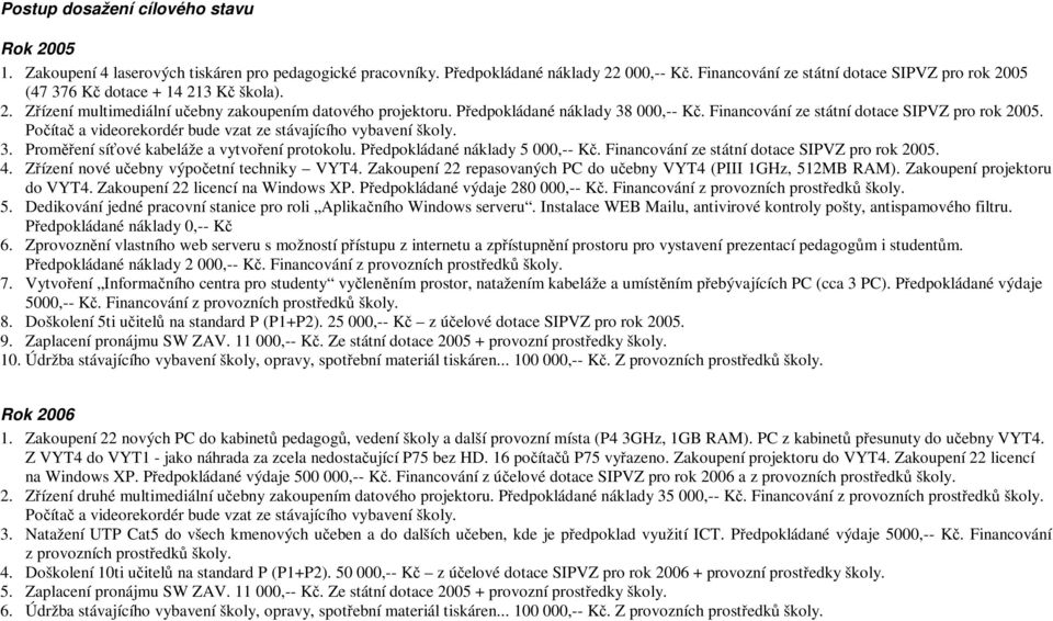 Financování ze státní dotace SIPVZ pro rok 2005. Počítač a videorekordér bude vzat ze stávajícího vybavení školy. 3. Proměření síťové kabeláže a vytvoření protokolu. Předpokládané náklady 5 000,-- Kč.