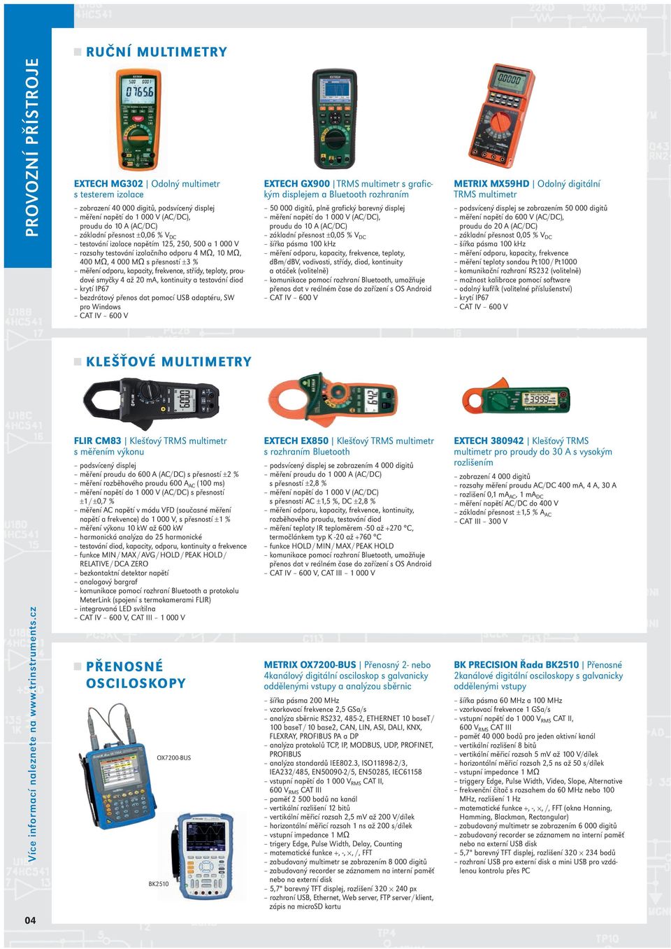 střídy, teploty, prou - dové smyčky 4 až 20 ma, kontinuity a testování diod krytí IP67 bezdrátový přenos dat pomocí USB adaptéru, SW pro Windows CAT IV 600 V EXTECH GX900 TRMS multimetr s grafic -