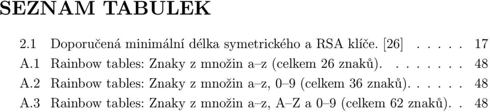 ....... 48 A.2 Rainbow tables: Znaky z množin a z, 0 9 (celkem 36 znaků).