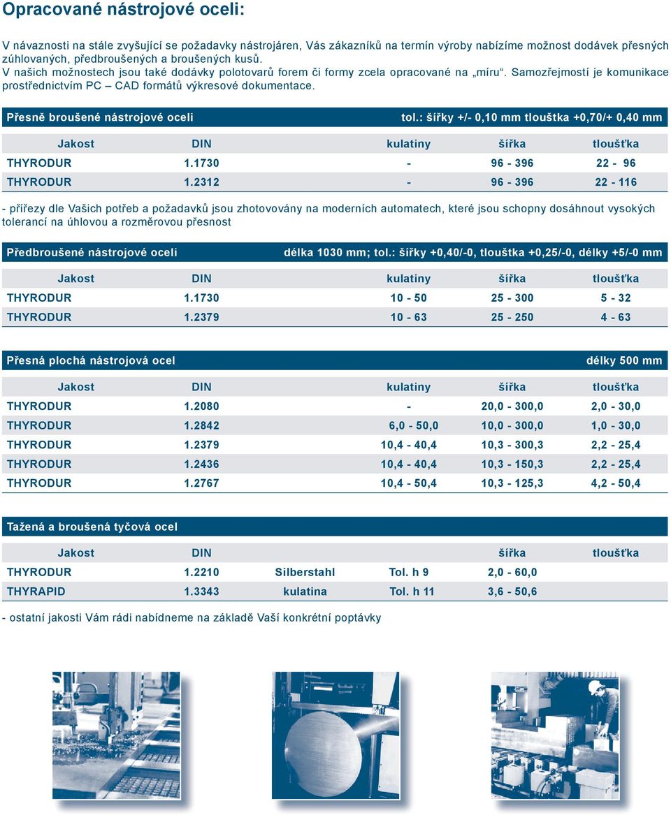 Přesně broušené nástrojové oceli tol.: šířky +/- 0,10 mm tlouštka +0,70/+ 0,40 mm Jakost DIN kulatiny šířka tloušťka 1.1730-96 - 396 22-96 1.