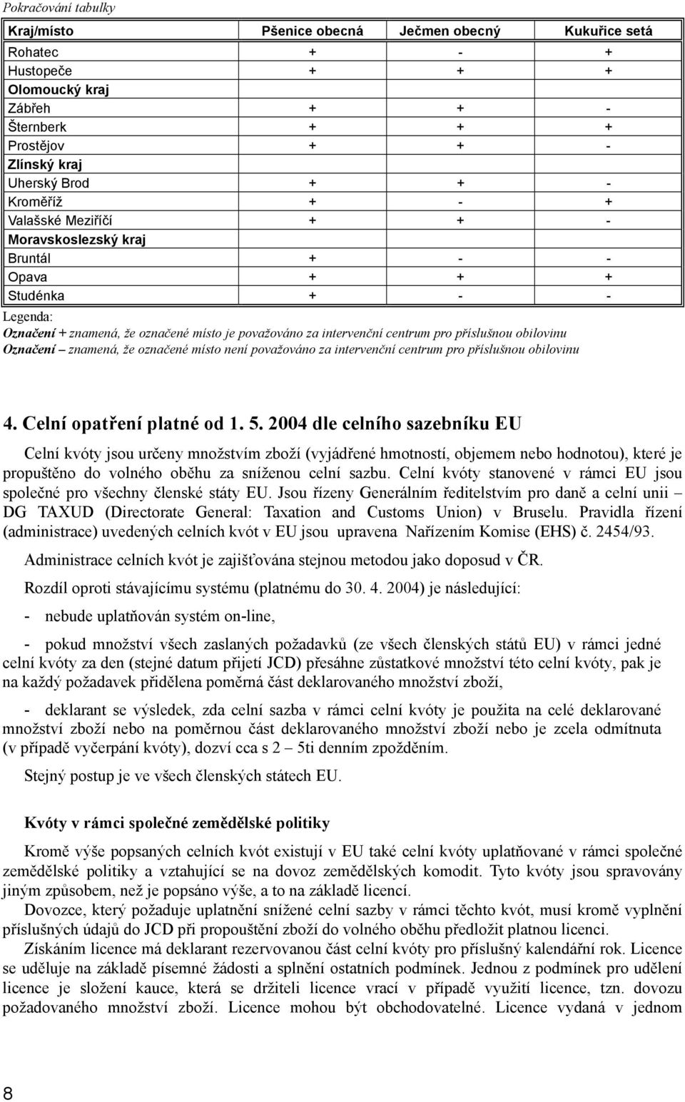 obilovinu Označení znamená, že označené místo není považováno za intervenční centrum pro příslušnou obilovinu 4. Celní opatření platné od 1. 5.