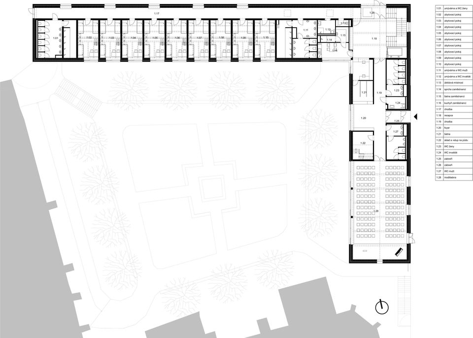 14 pokoj sprcha zaměstnanci 1.16 1.11 1.12 1.15 šatna zaměstnanci umývárna a WC muži 1.16 kuchyň zaměstnanci umývárna a WC invalidé 1.17 chodba 1.13 úklidová 1.18 místnost recepce 1.21 1.19 1.23 1.
